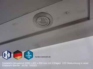 Edelstahl Hängebord mit 3 Etagen LED Beleuchtung in einer Edelstahl Blende Art Nr 100203