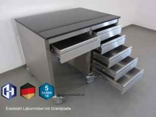 Edelstahl Labormöbel mit Granitplatte und 6 Schubladen 1150 x 800 x 900 mm mit Rollen