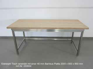 Edelstahl Tisch verstrebt mit Bambus Platte 2000 x 800 x 850mm