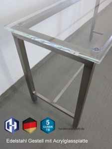 Edelstahltisch Untergestell mit einer 30 mm Acrylglassplatte 1450 x 550 x 850 mm