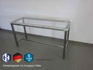 Edelstahltisch Untergestell mit einer 30 mm Acrylglassplatte 1450 x 550 x 850 mm