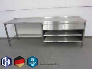 Edelstahl Schrankkombination mit 2-Schubladen 1 offenes Fach und rechts das Untergestell verstrebt 2400 x 700 x 850 mm