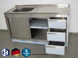 Edelstahl Spülenschrank mit Schiebetüren und Schubladenblock 1 Becken 500 x 500 x 250 mm links