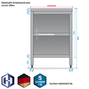 Skizze Edelstahl-Schrank, Bautiefe 500 mm, vorne offen mit einlageboden