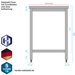 Skizze Seitenansicht Edelstahl-Tisch mit Grundboden, verschweißt, offen, Bautiefe 600 mm