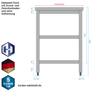 Skizze Seitenansicht Edelstahl-Tisch mit der Bautiefe 300 mm , Zwischenboden und Grundboden