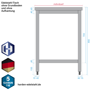 Skizze Seitenansicht Edelstahl-Tisch ohne Grundboden, verschweißt, offen, Bautiefe 700 mm