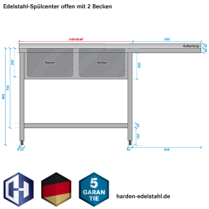 Skizze Edelstahl-Spülcenter, Bautiefe 600 mm 2 Becken, Untergestell offen mit Grundboden
