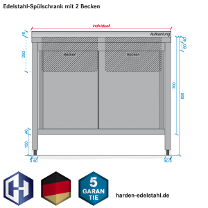 Skizze Edelstahl-Spülschrank mit 2 Becken, Bautiefe 700 mm, mit Flügel- bzw. Schiebetüren