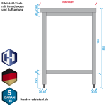 Skizze Aufkantung Edelstahl-Tisch mit Grundboden, verschweißt, offen, Bautiefe 600 mm