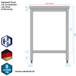 Skizze Seitenansicht Edelstahl-Tisch mit Grundboden, verschweißt, offen, Bautiefe 600 mm