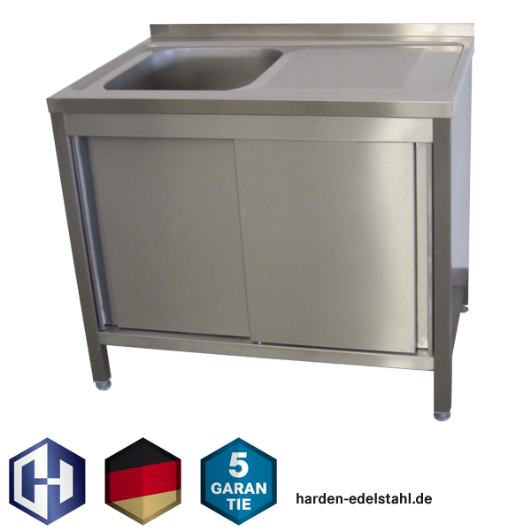 Edelstahl-Spülschrank 1000-1400x600x850/900 mm, Bautiefe 600 mm, mit Becken rechts oder links und Flügel- bzw. Schiebetüren